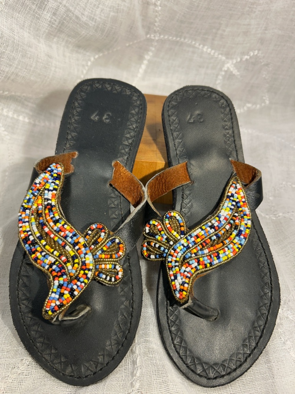 Handmade beaded leather flip flop sandals